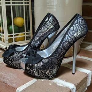 Silver and Black Lace Peep Toe Heels with Bow